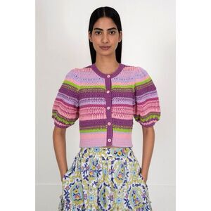 Banjanan Celeste Multi Weave Crochet Short Sleeve Cardigan Sweater